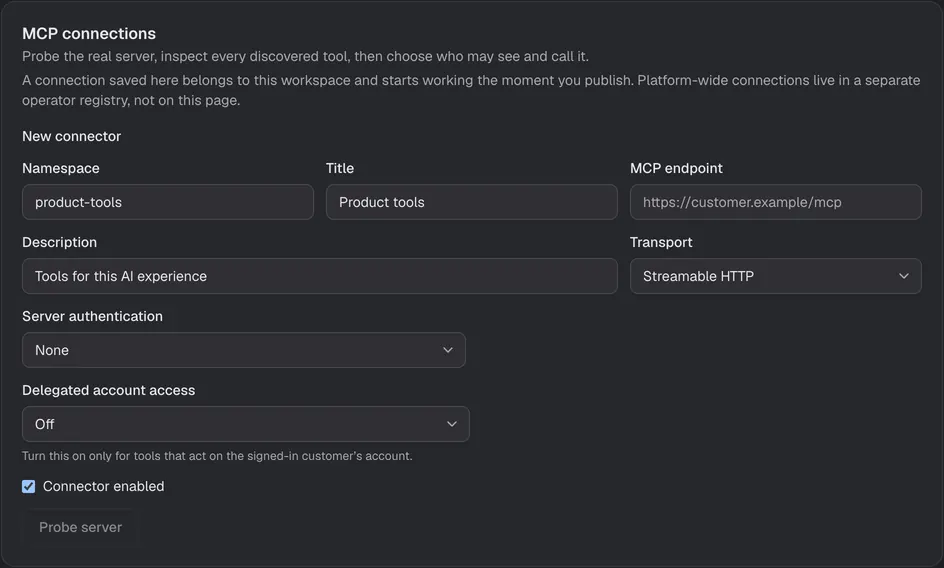The Your tools, over MCP setup card in the Console.