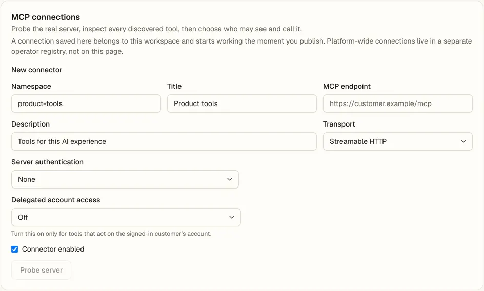 The Your tools, over MCP setup card in the Console.