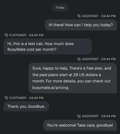 A real Phone calls conversation: a customer writes and your mate answers.