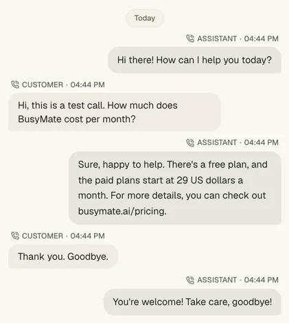 A real Phone calls conversation: a customer writes and your mate answers.