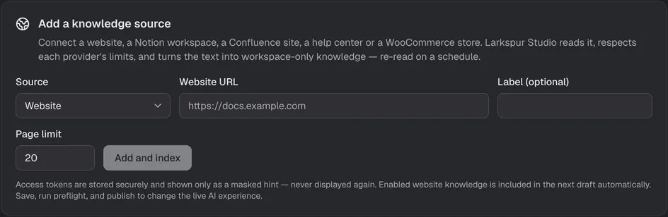 The Website crawl setup card in the Console.