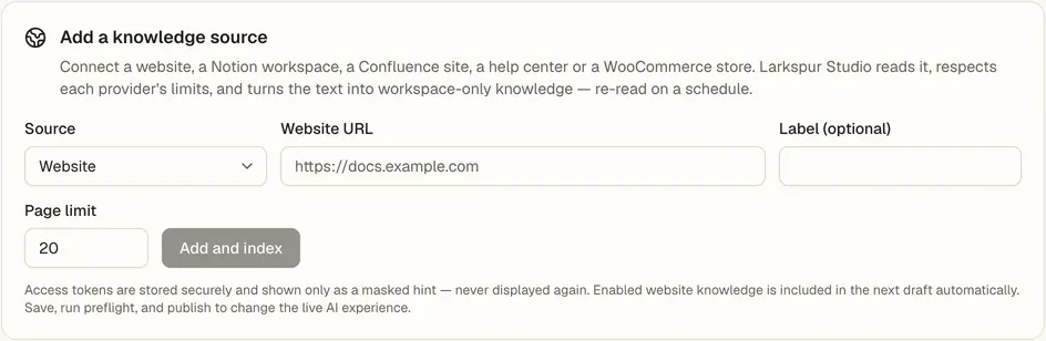 The Website crawl setup card in the Console.