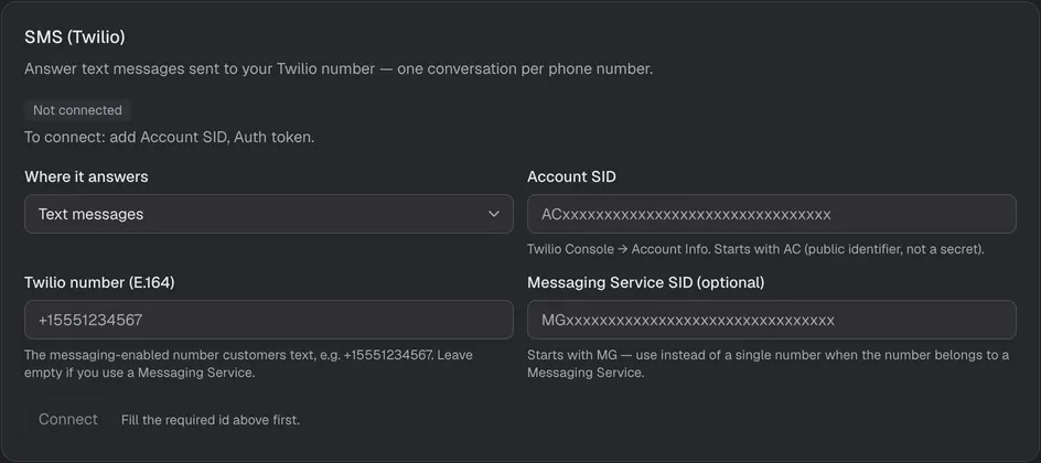 The SMS setup card in the Console.
