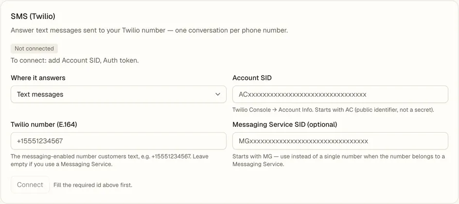 The SMS setup card in the Console.