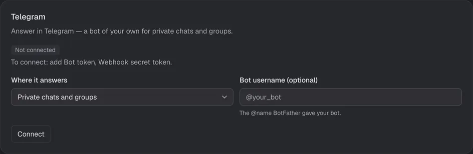 The Telegram setup card in the Console.