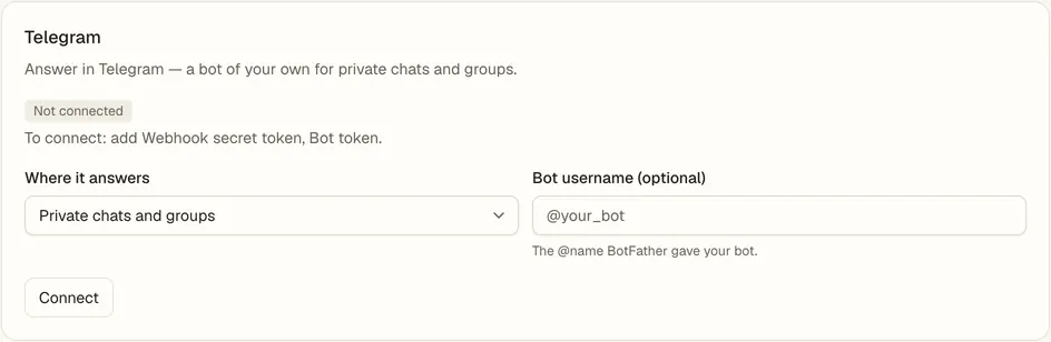 The Telegram setup card in the Console.