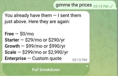 A real Telegram conversation: a customer writes and your mate answers.