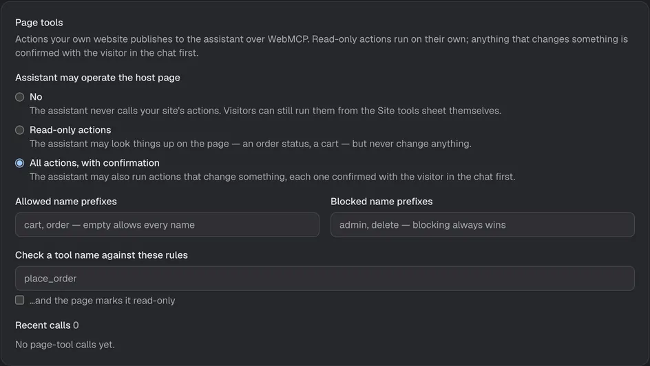 The WebMCP page tools setup card in the Console.