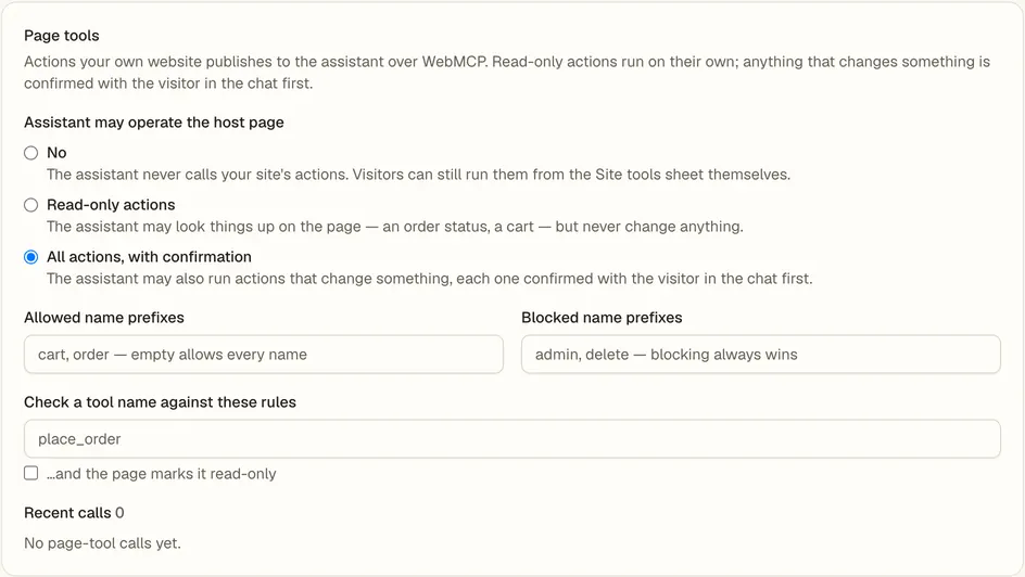 The WebMCP page tools setup card in the Console.
