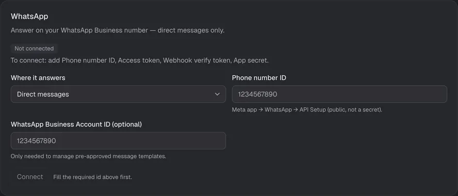 The WhatsApp setup card in the Console.