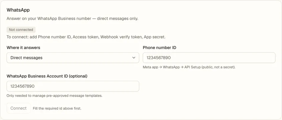 The WhatsApp setup card in the Console.