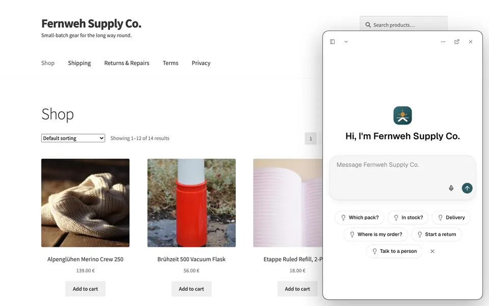 Your mate's chat open on a live WooCommerce site.