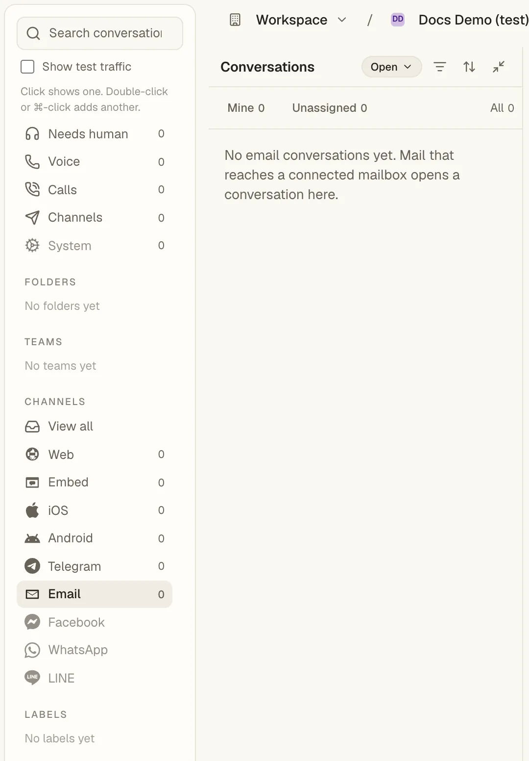 The Inbox filtered to the Email channel