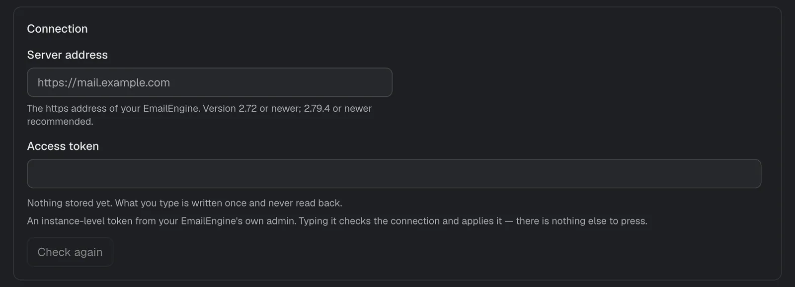 The Connection card with the server address and access token fields