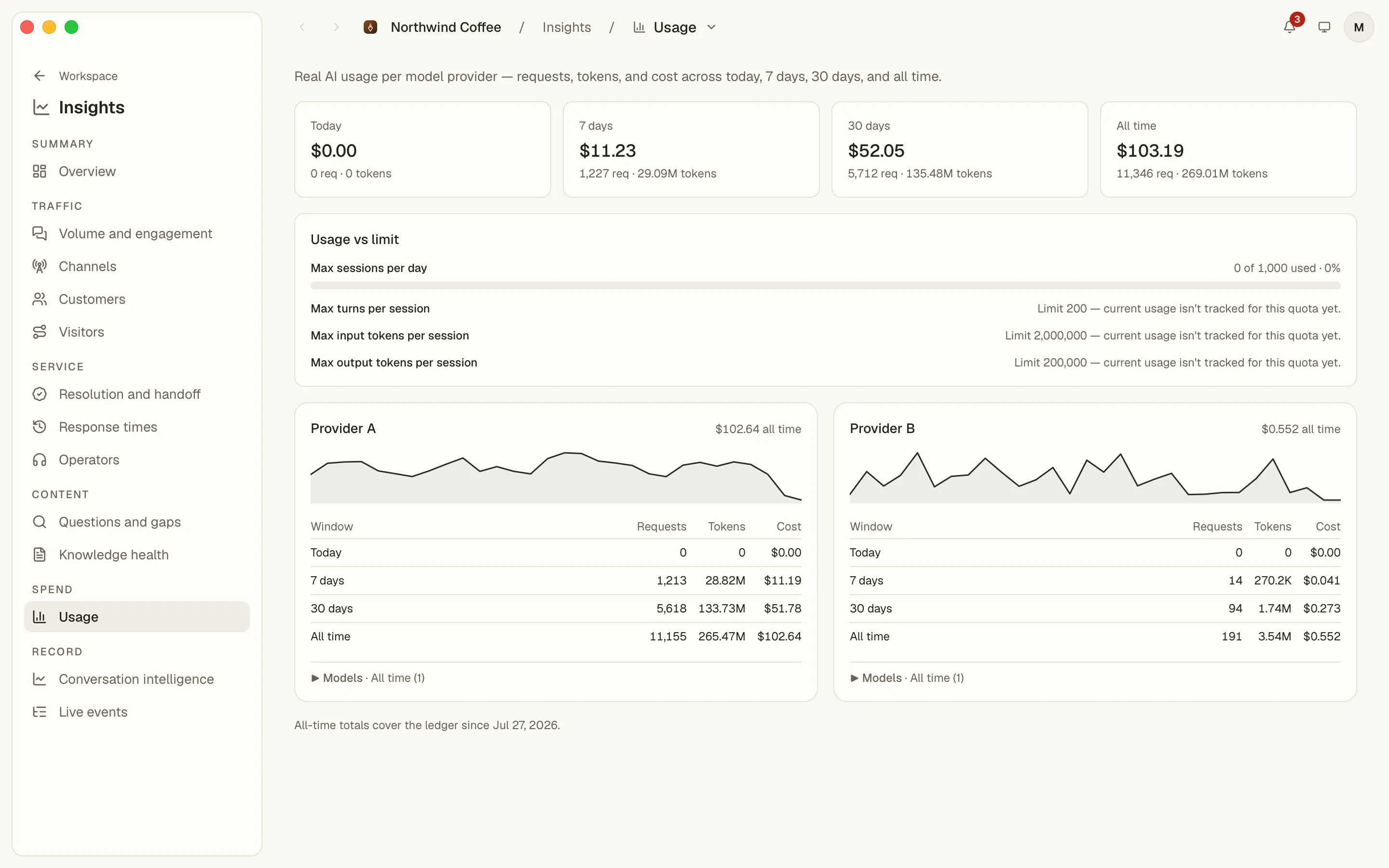 Insights › Usage: four spend tiles for today, seven days, thirty days and all time, the usage-versus-limit rows, and a card per model provider with a sparkline and a table per window.